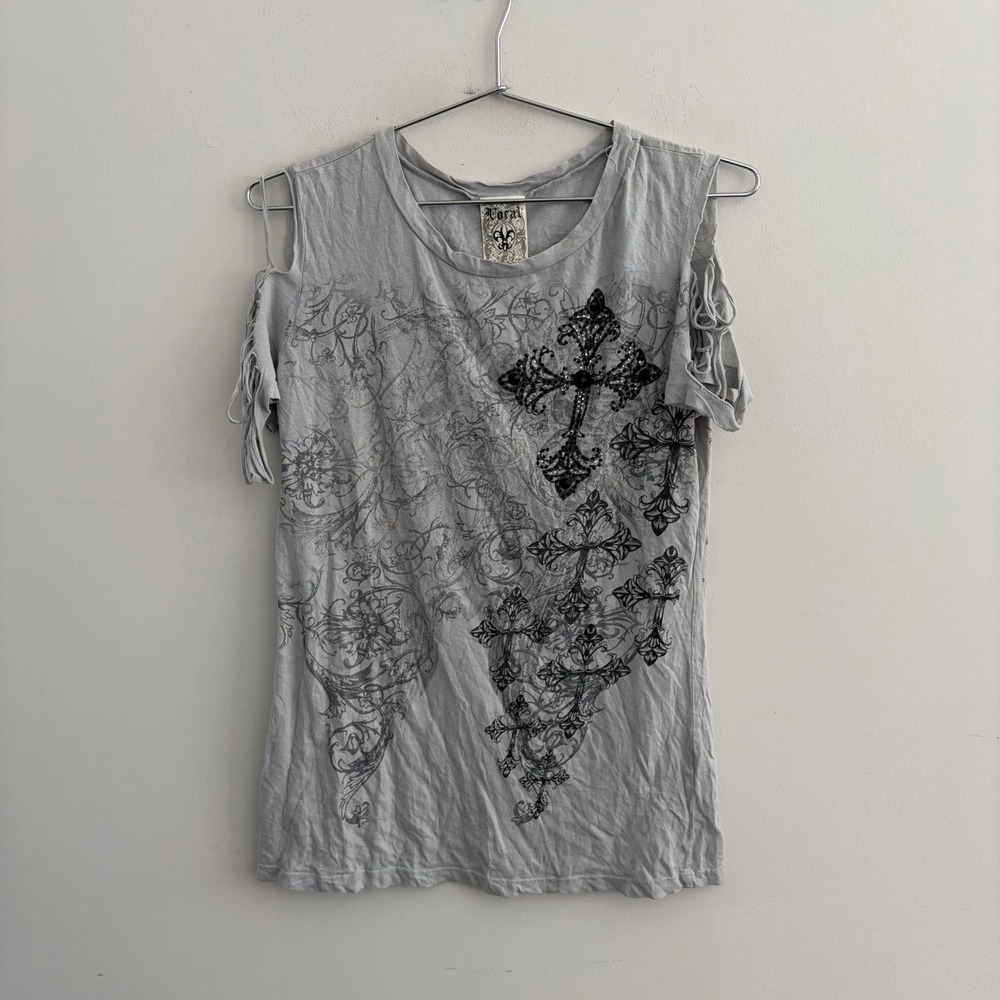 Vocal Gray Cold Shoulder Cross Graphic T-Shirt Studded Wing